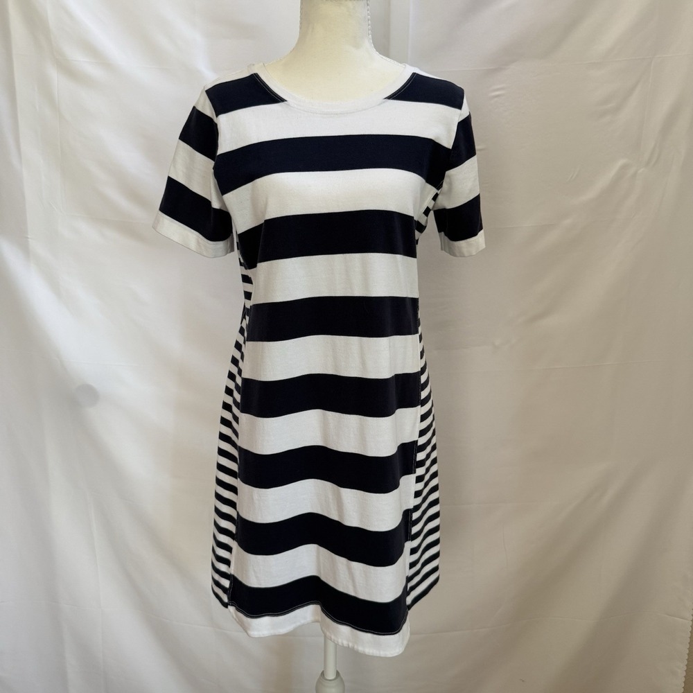 Tommy Bahama Womens Navy White Striped Pima Cotton Shift Dress Medium Back Zip